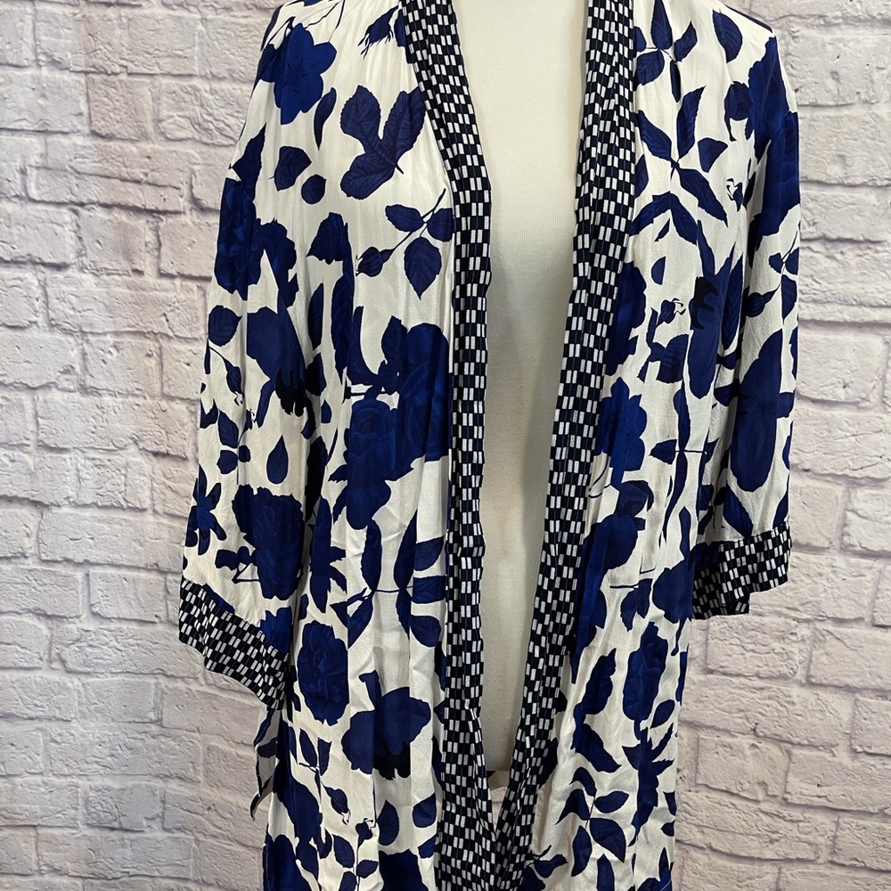 CAbi Navy and White Floral Kimono Coat with Check Trim